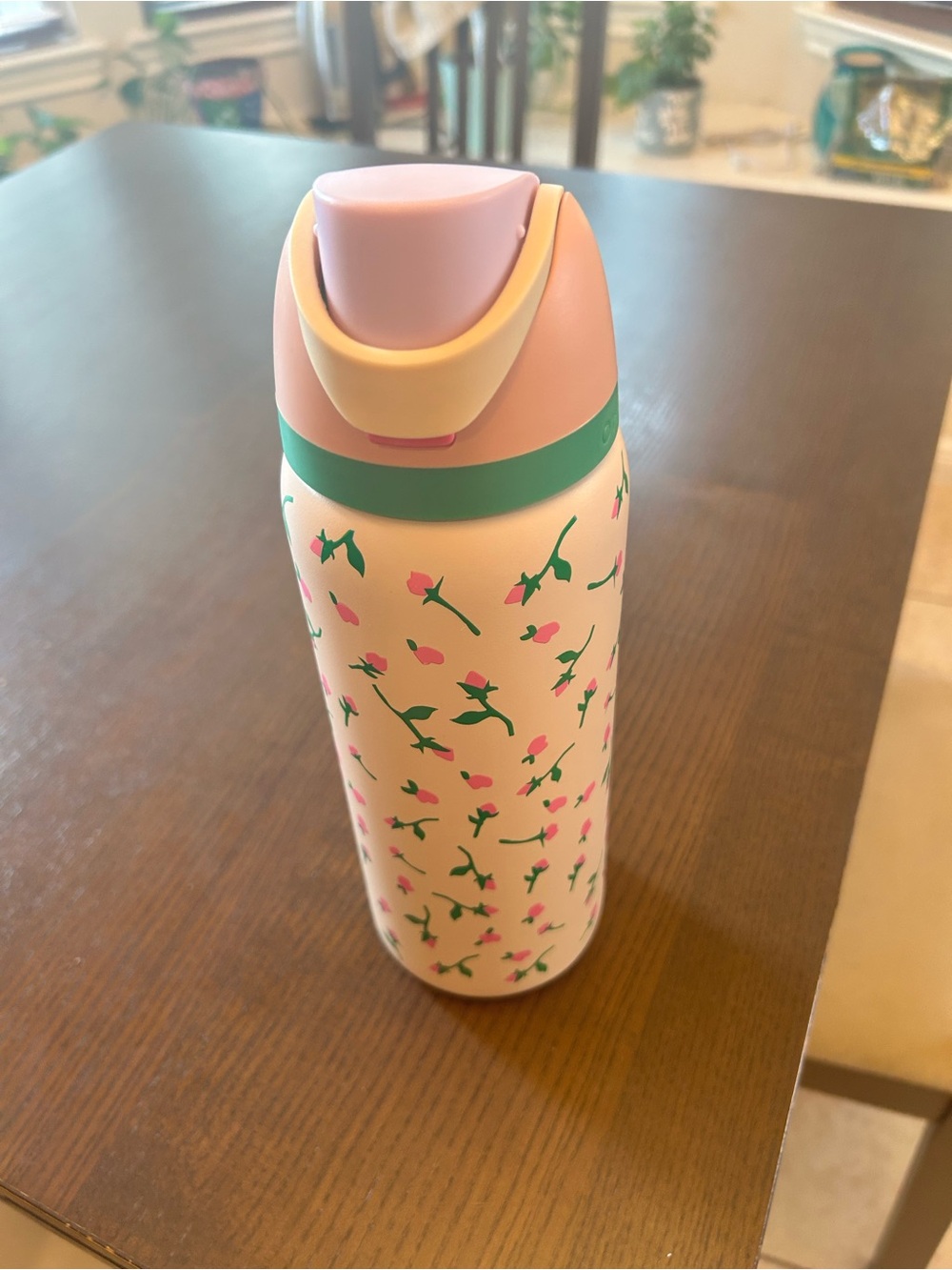 Pink Floral Stainless Steel Water Bottle with Green Accents